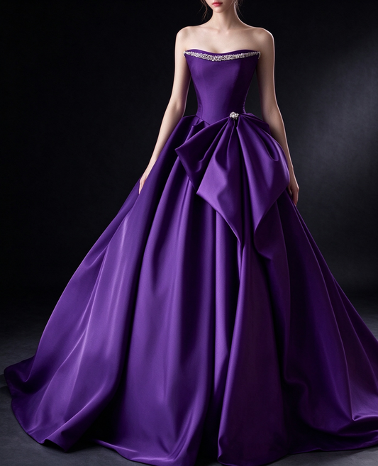 Purple Strapless Satin Ball Gown with Rhinestone Trim & Big Bow fg9035