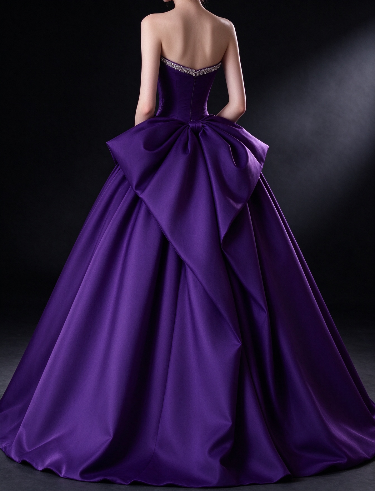 Purple Strapless Satin Ball Gown with Rhinestone Trim & Big Bow fg9035