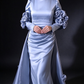 Light Blue Satin High Neck Long Sleeve 3D Floral Overskirt Evening Gown fg9017