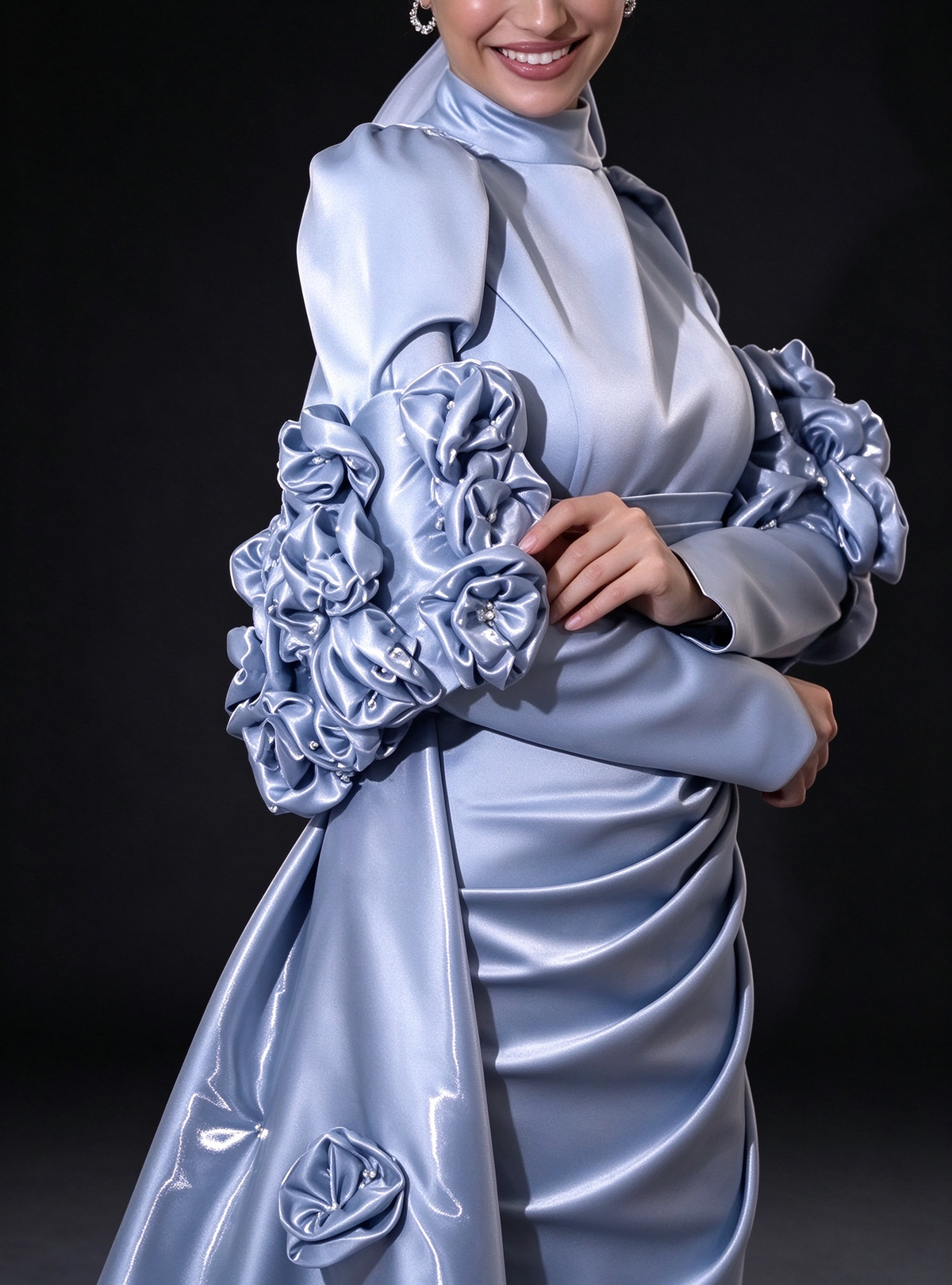 Light Blue High Neck Long Sleeve 3D Floral Satin Evening Gown fg8976