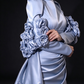Light Blue Satin High Neck Long Sleeve 3D Floral Overskirt Evening Gown fg9017