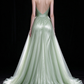 Sage Green Halter V-Neck Beaded Tulle Evening Gown fg9069