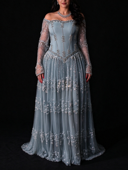 Dusty Blue Off The Shoulder Long Sleeve Beaded Tulle A-Line Evening Gown fg9011