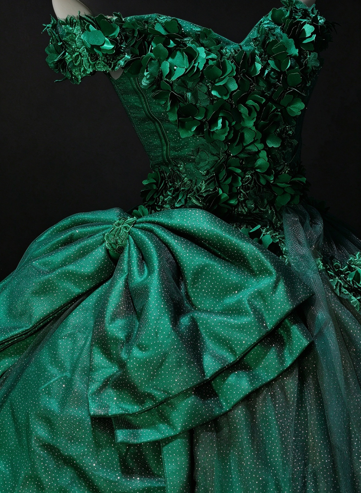 Strapless Green Tulle Ball Gown with Bow & Gold Embroidery, Formal Evening Dress fg8936