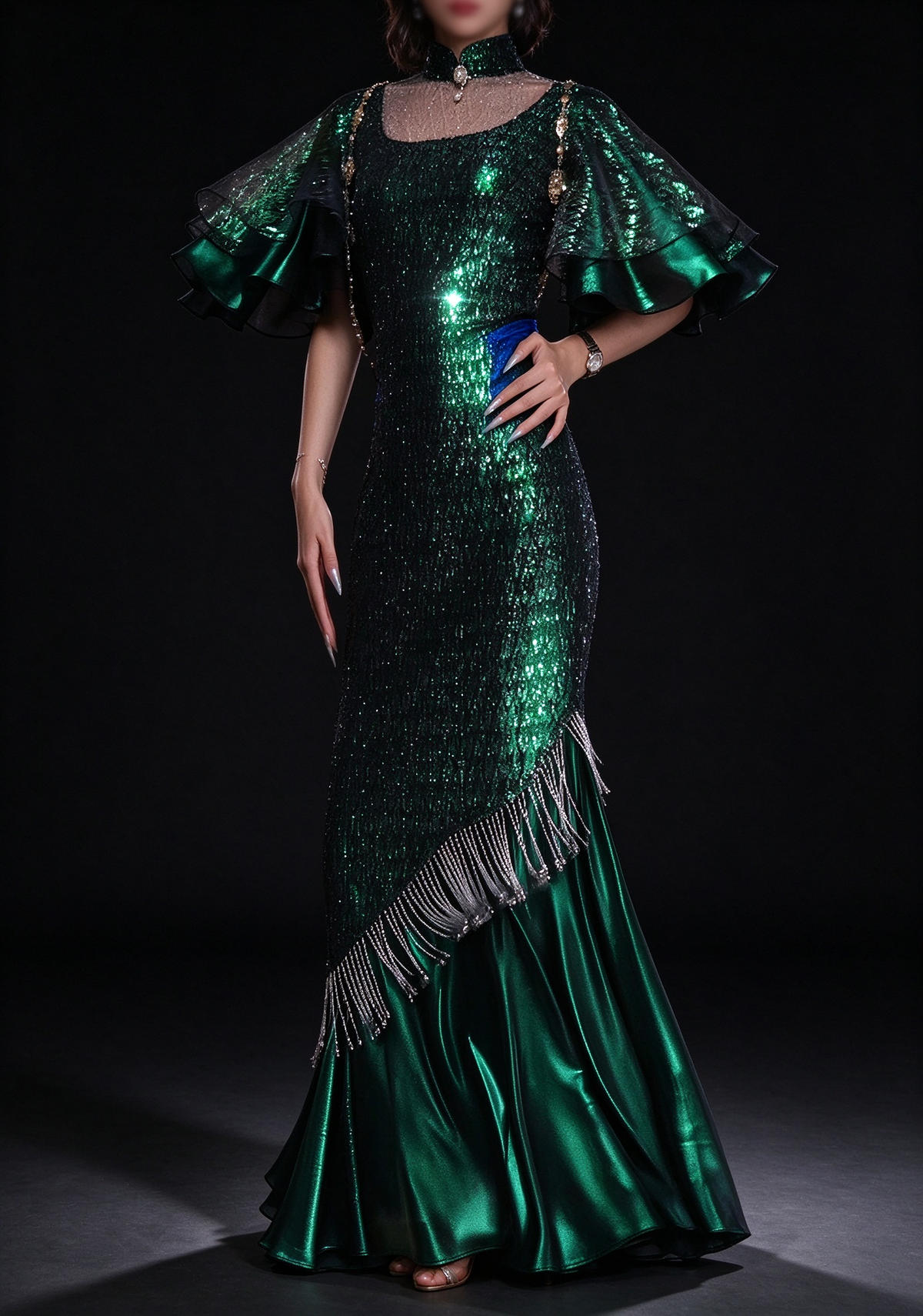 Emerald Green Sequin Mermaid Evening Gown With Ruffle Sleeve & Beaded Tassel fg8979