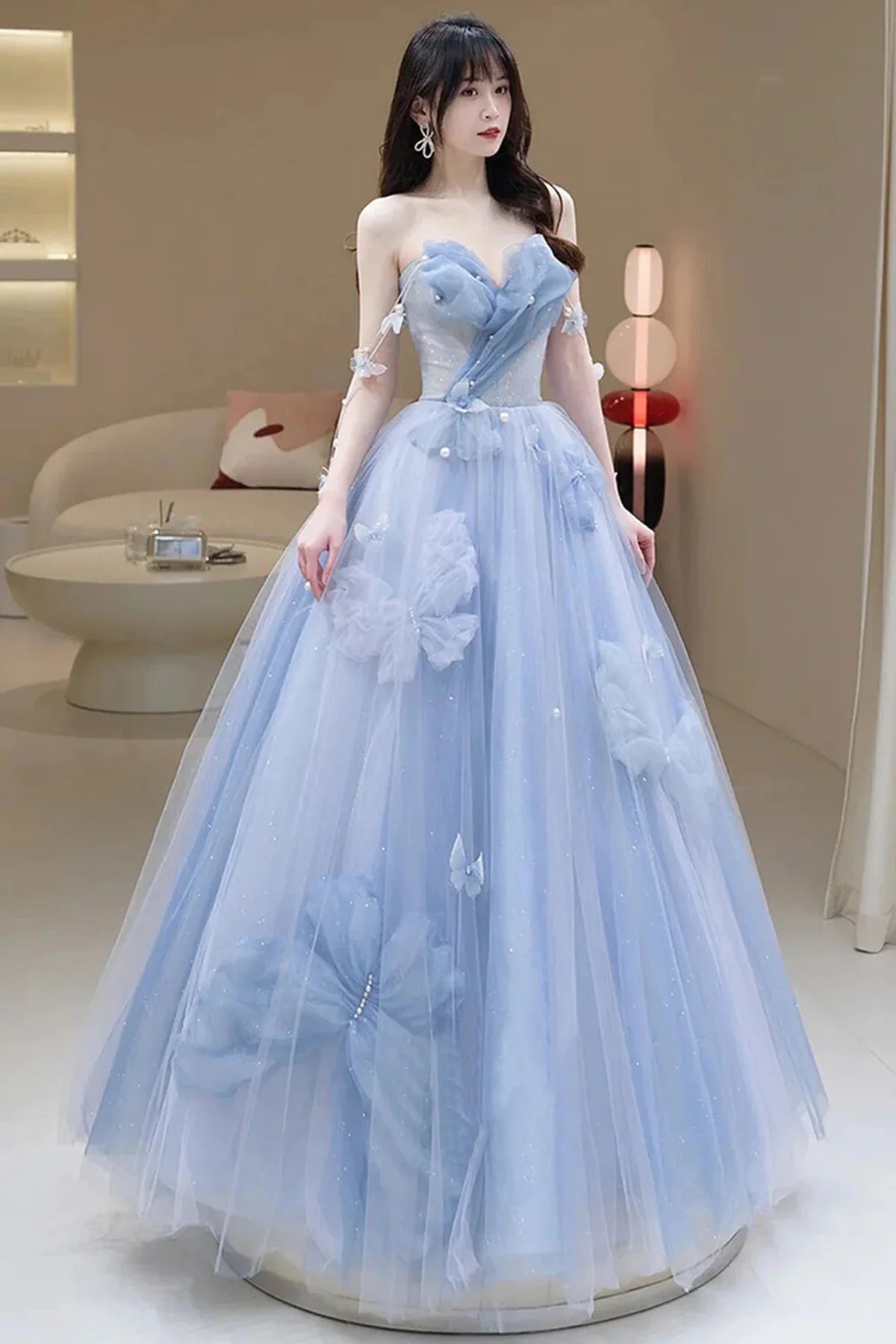 A Line Blue Tulle Long Prom Dress, Strapless Long Blue Beaded Tulle Formal Evening Dresses      fg4442
