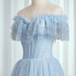 Blue Lace Sweetheart Beaded Off Shoulder Prom Dress, A-Line Blue Evening Dress      fg4447