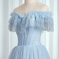 Robe de bal en dentelle bleue, décolleté en cœur, perles, épaules dénudées, robe de soirée trapèze bleue fg4447