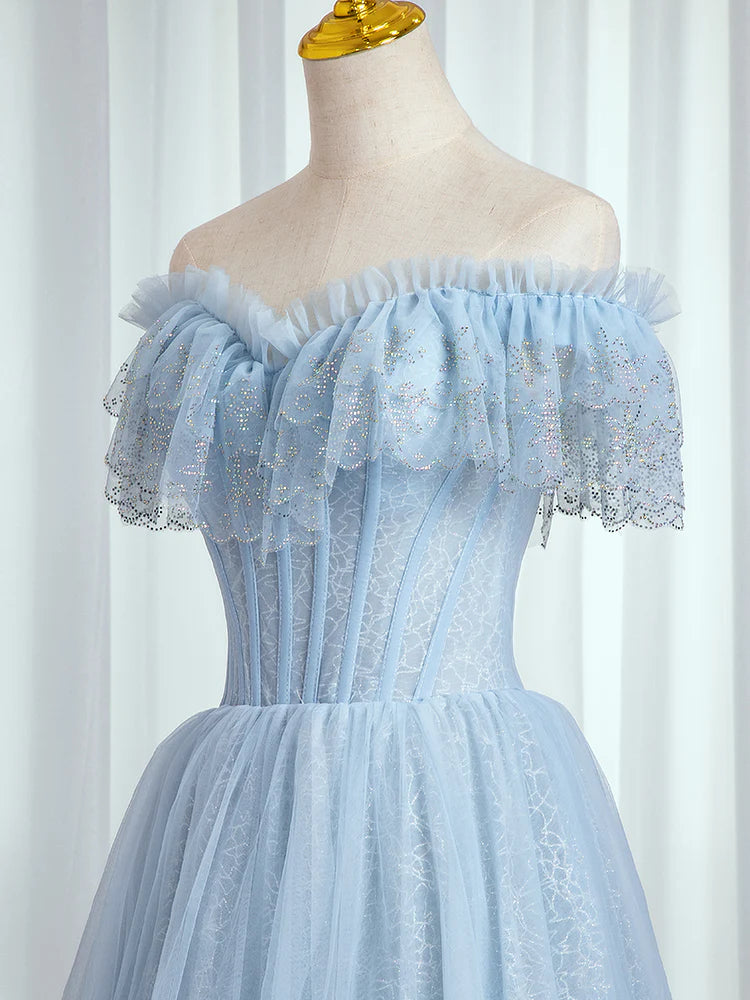 Blue Lace Sweetheart Beaded Off Shoulder Prom Dress, A-Line Blue Evening Dress      fg4447