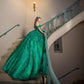 Green Sparkly Quinceanera Dresses With Cape Tassels Sweet 16 Dresses Ball Gown 3D Flowers Tulle Birthday Gowns     fg4570