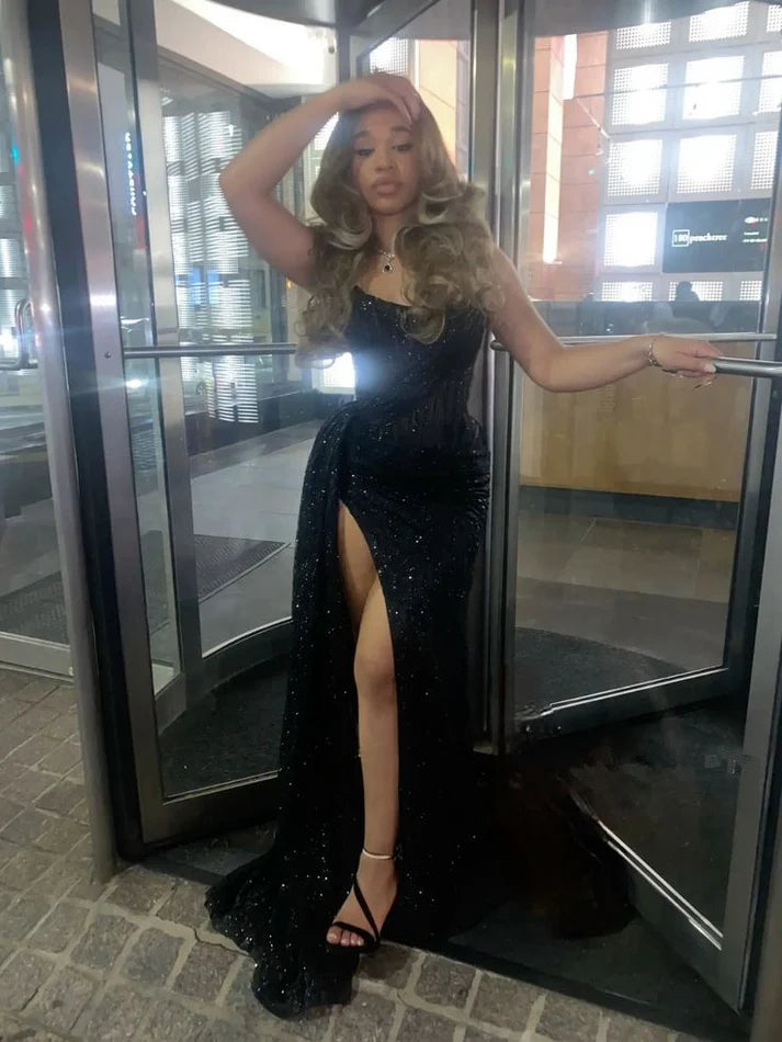 Black long prom dress with Slit ,strapless evening dress fg6766 formalgowns Black long prom dress with Slit ,strapless evening dress fg6766 formalgowns