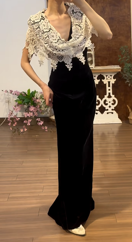 Black Mermaid Prom Party Dress White Lace Evening Dress Birthday Outfit  fg8714