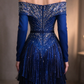 Royal Blue Off The Shoulder Long Sleeve Evening Gown With Beading & Tassel Fringe fg8995