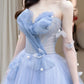 A Line Blue Tulle Long Prom Dress, Strapless Long Blue Beaded Tulle Formal Evening Dresses      fg4442