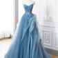 Blue Tulle Lace Long Formal Dress, A-Line Blue Evening Prom Dress       fg4441