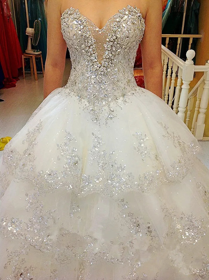 Designer Flower Lace Ruffled Tulle Puffy Warm Beige Wedding Dress
