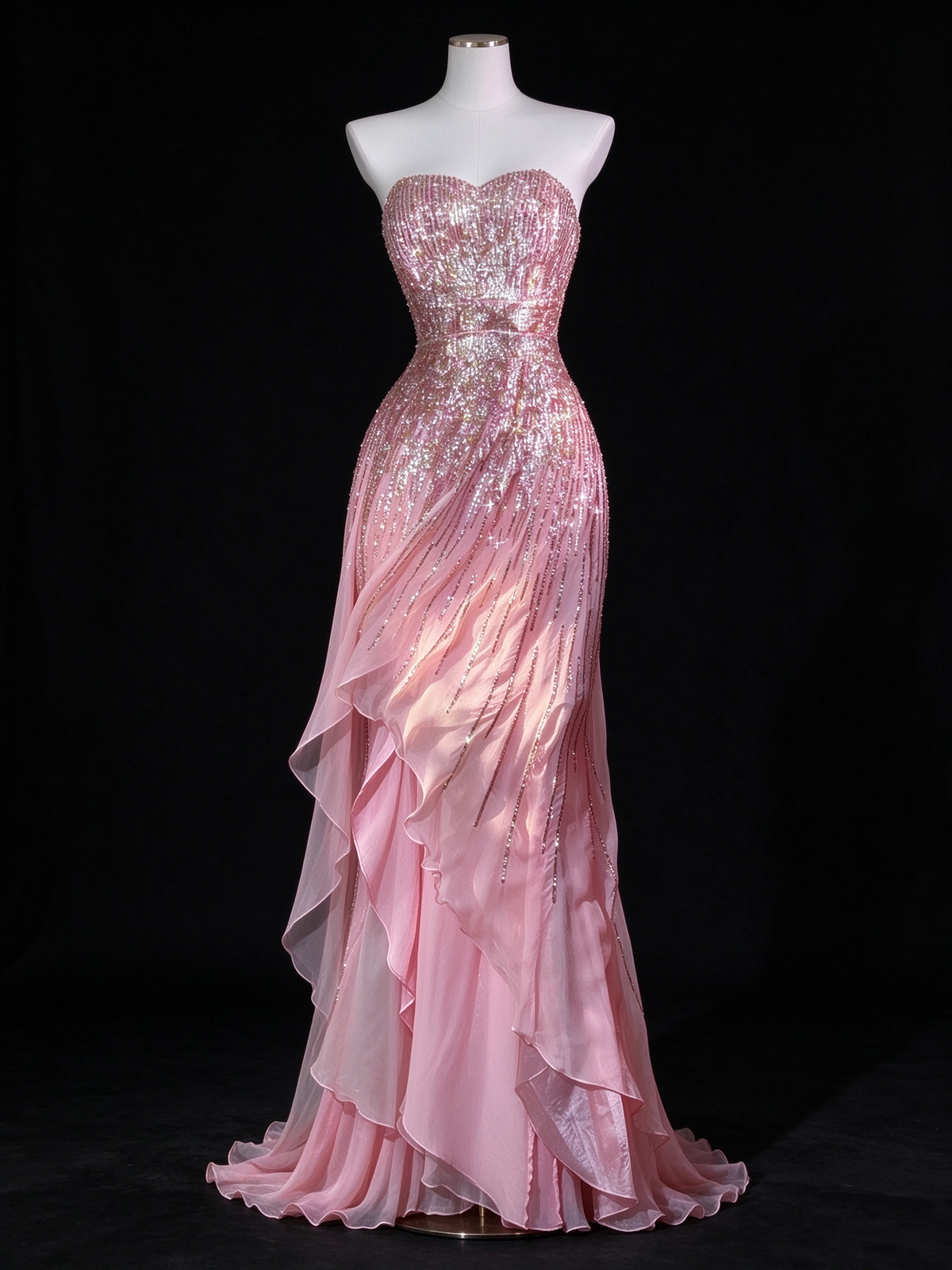 Pink Strapless Beaded Ruffle Mermaid Evening Dress fg9121