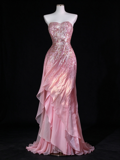 Pink Strapless Beaded Ruffle Mermaid Evening Dress fg9121