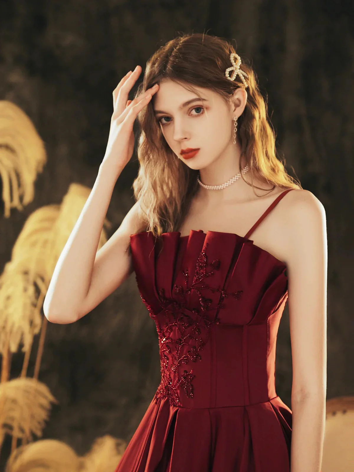Wine Red Satin Beaded Straps Prom Dress Evening Dress, Wine Red A-line Formal Dress  fg8739