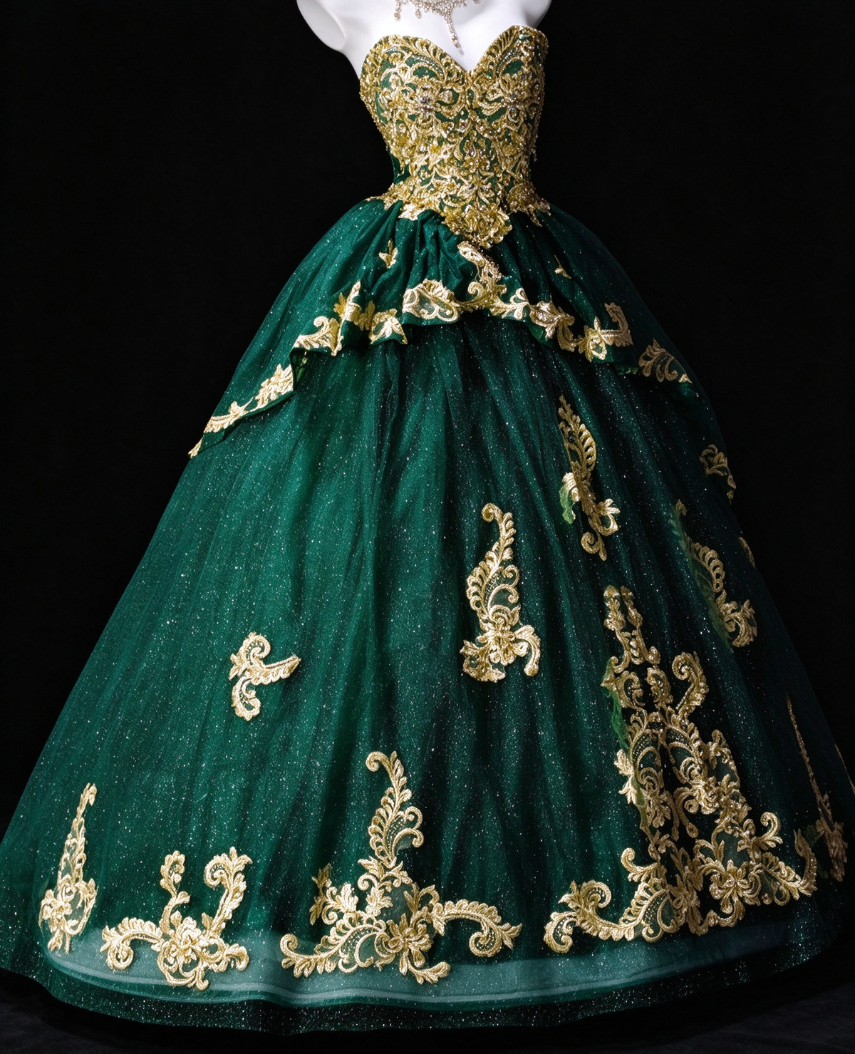 Strapless Green Tulle Ball Gown with Bow & Gold Embroidery, Formal Evening Dress fg8936