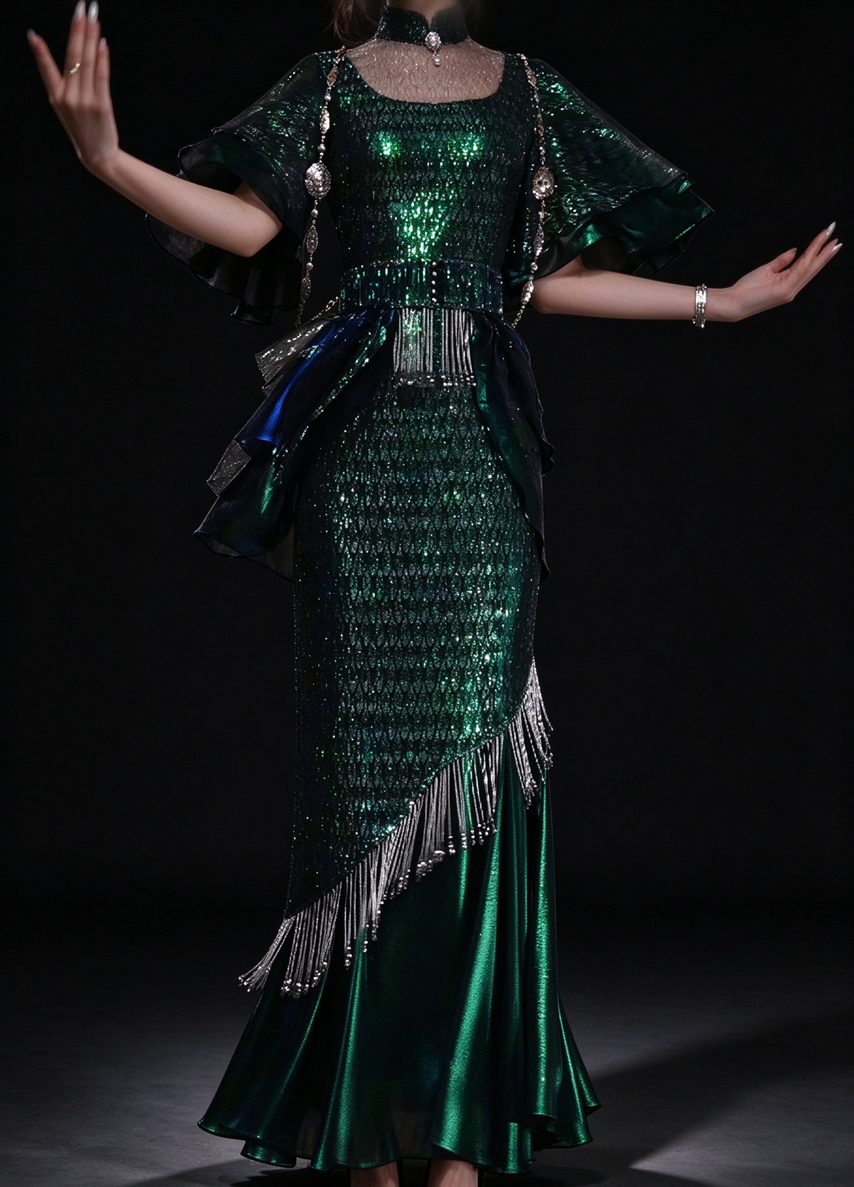 Emerald Green Sequin Mermaid Evening Gown With Ruffle Sleeve & Beaded Tassel fg8979