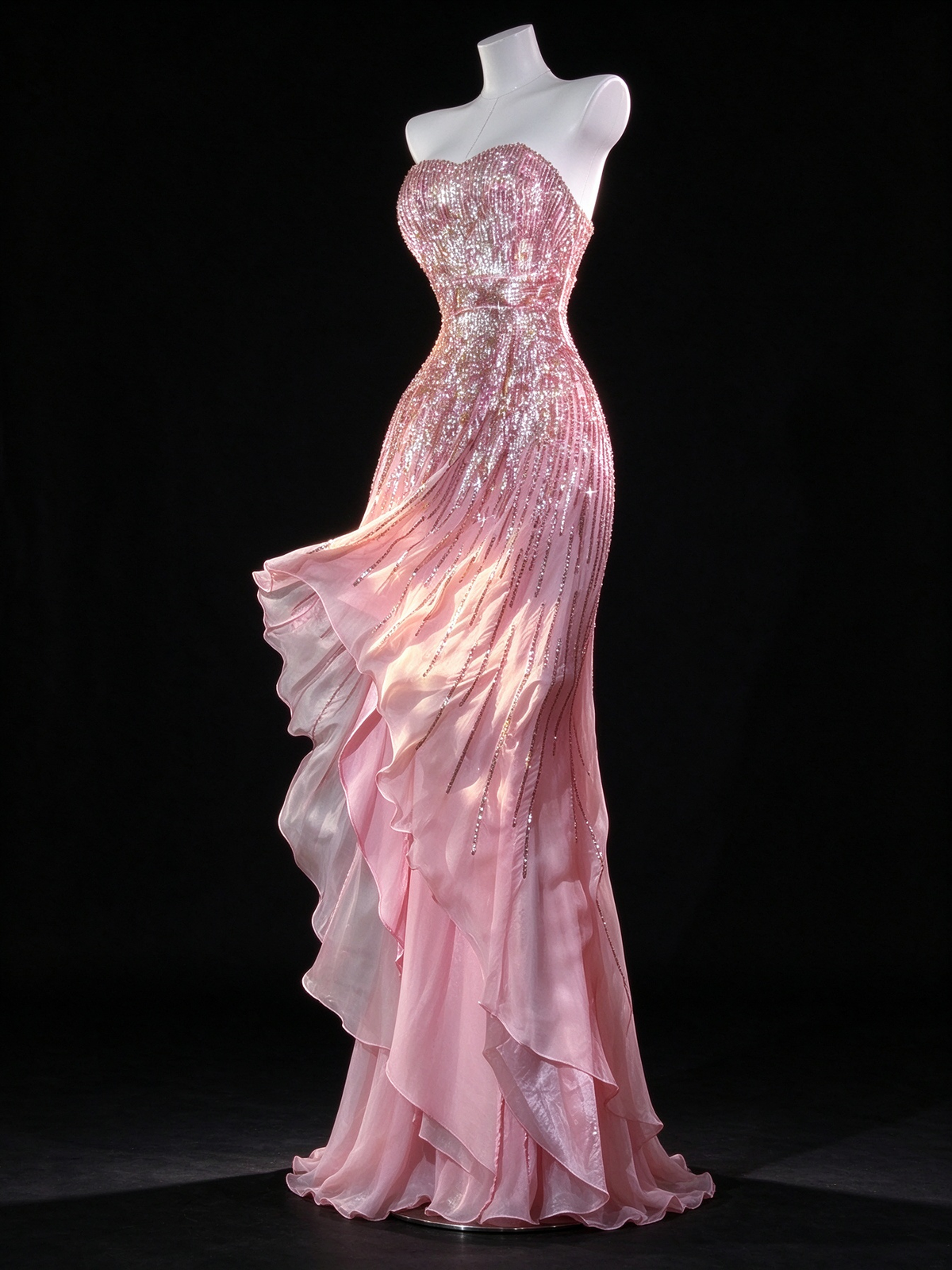 Pink Strapless Beaded Ruffle Mermaid Evening Dress fg9121