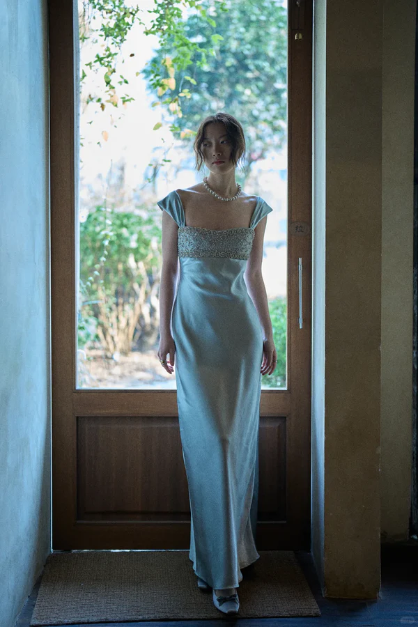 Elegant Blue A Line Straps Beaded Satin Long Prom Dress Evening  Dress fg8690