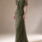 Sage Green Off-the-Shoulder 3D Floral Beaded Tulle Formal Evening Gown fg9052