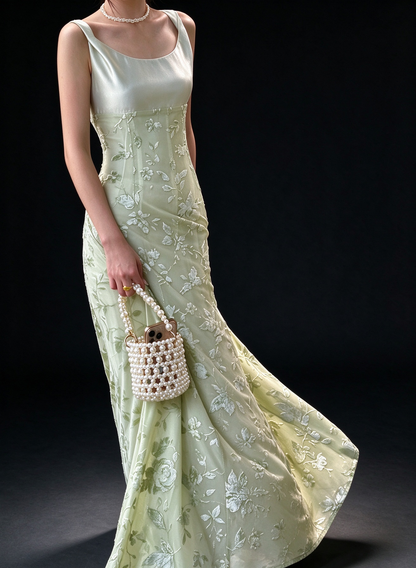 Square Neck Satin Burnout Long Dress fg9067