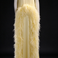 Pale Yellow High Neck Sleeveless Evening Gown with Hand-Beaded Floral Details & Ostrich Feather Trim fg9038