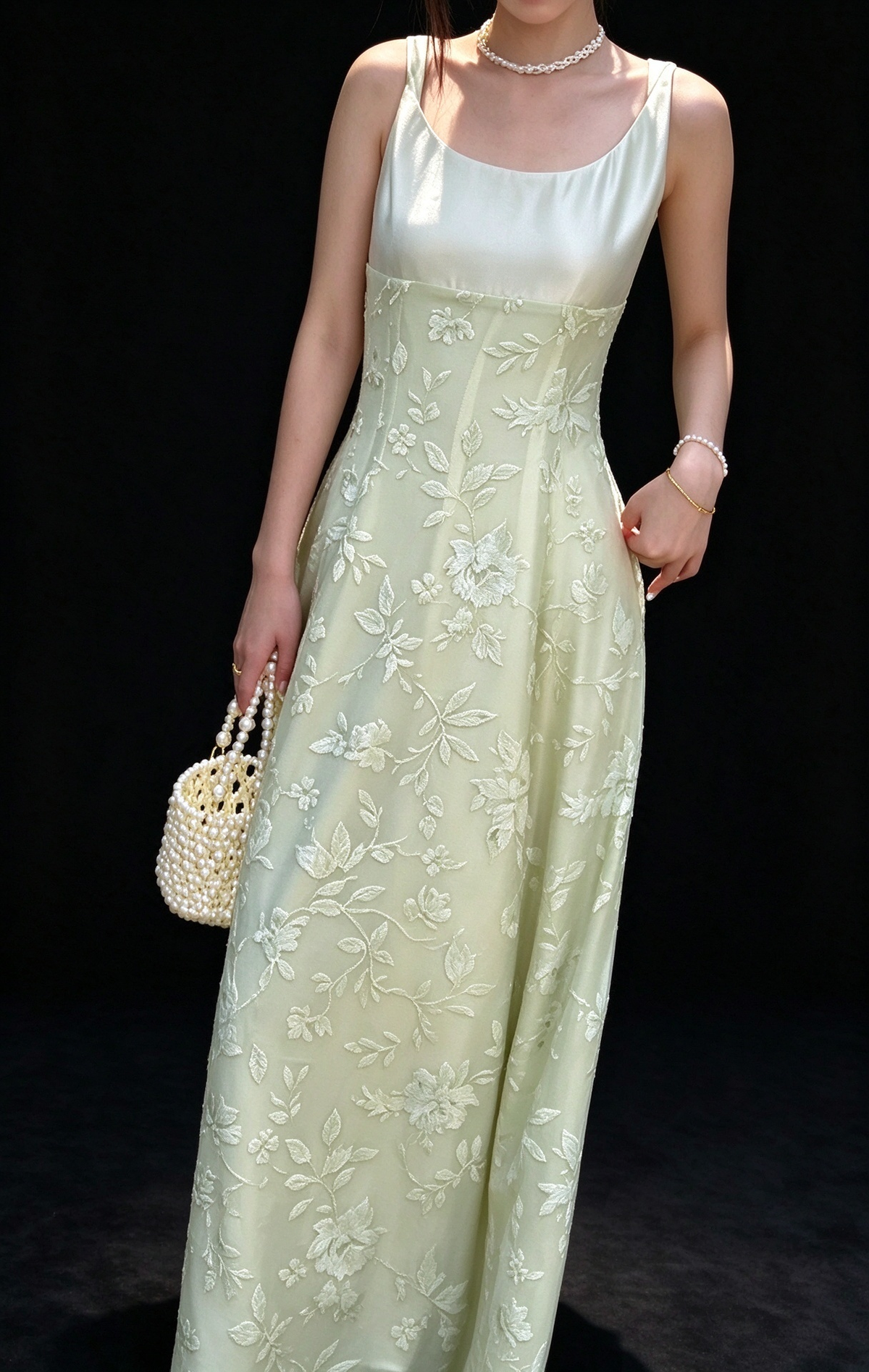Square Neck Satin Burnout Long Dress fg9067