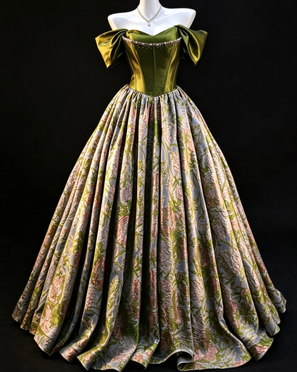 Olive Green Satin Floral  Ball Gown fg9042