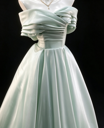 Mint Green Satin Off-Shoulder Bow Back Ball Gown fg9043