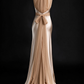 Champagne Halter Deep V Mermaid Evening Gown, Draped Tulle Wrap Waist With Back Bow fg9039