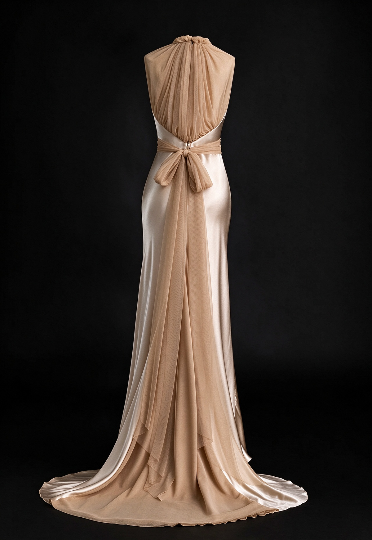 Champagne Halter Deep V Mermaid Evening Gown, Draped Tulle Wrap Waist With Back Bow fg9039