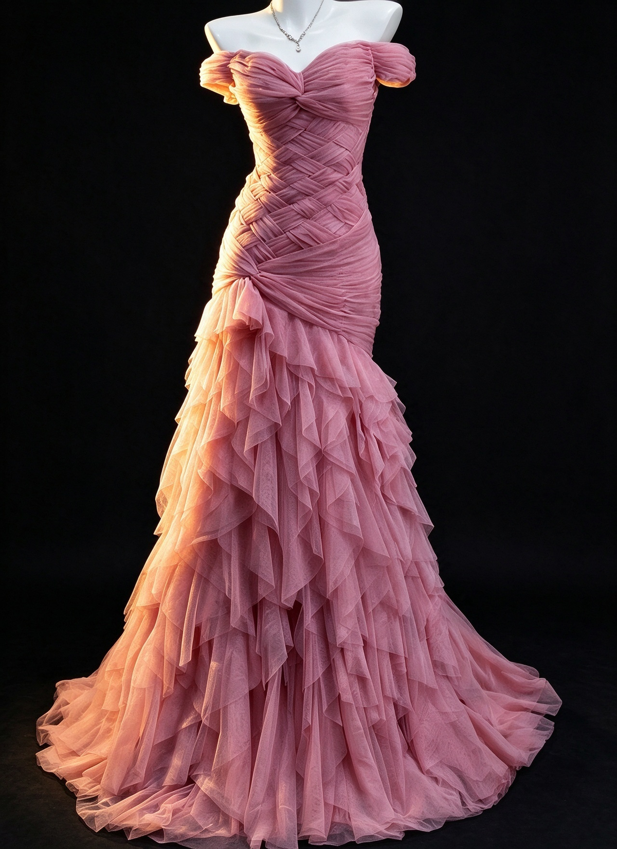 Pink Tulle Off-Shoulder Crisscross Mermaid Evening Gown fg9044