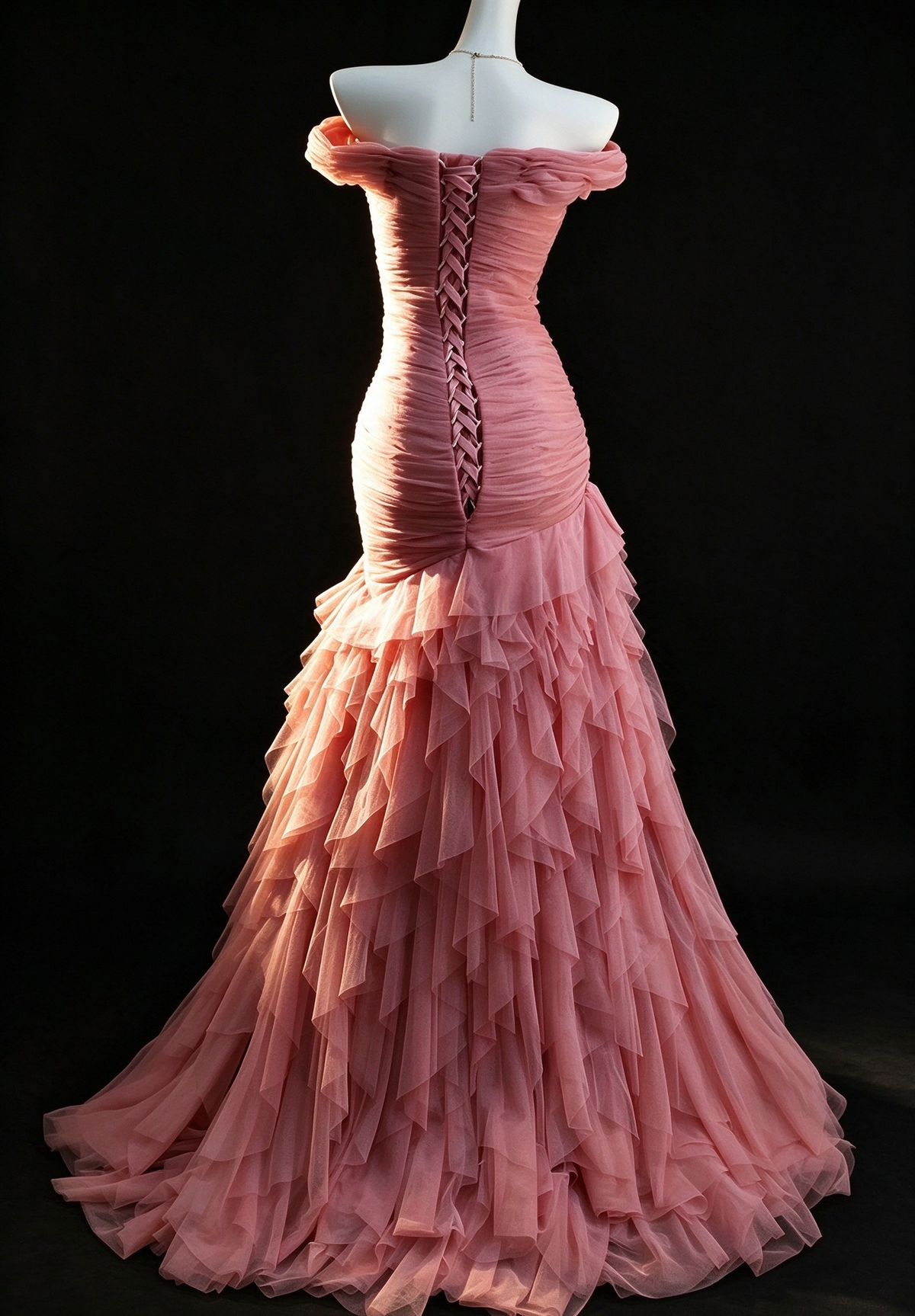 Pink Tulle Off-Shoulder Crisscross Mermaid Evening Gown fg9044