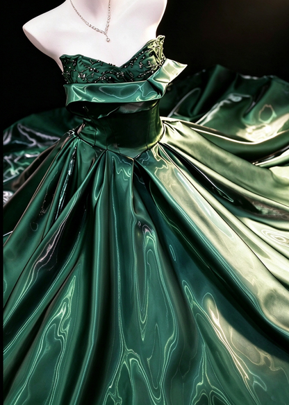 Emerald Green Metallic Satin Strapless Lace-Up Ball Gown fg9045