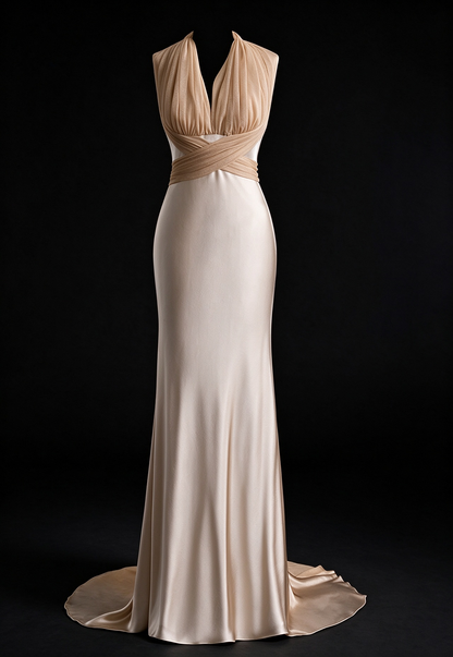Champagne Halter Deep V Mermaid Evening Gown, Draped Tulle Wrap Waist With Back Bow fg9039