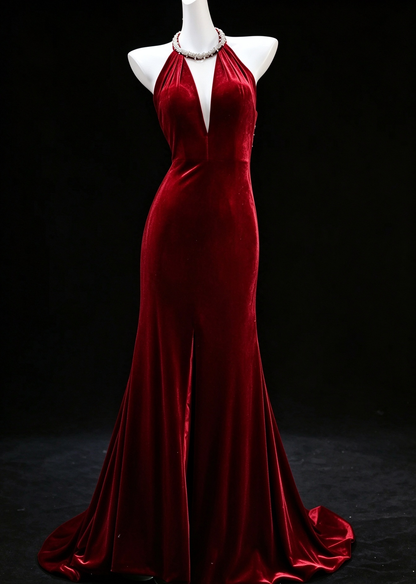Red Velvet Halter Neck Open Back Beaded Mermaid Evening Dress fg9046