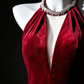 Red Velvet Halter Neck Open Back Beaded Mermaid Evening Dress fg9046