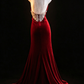 Red Velvet Halter Neck Open Back Beaded Mermaid Evening Dress fg9046