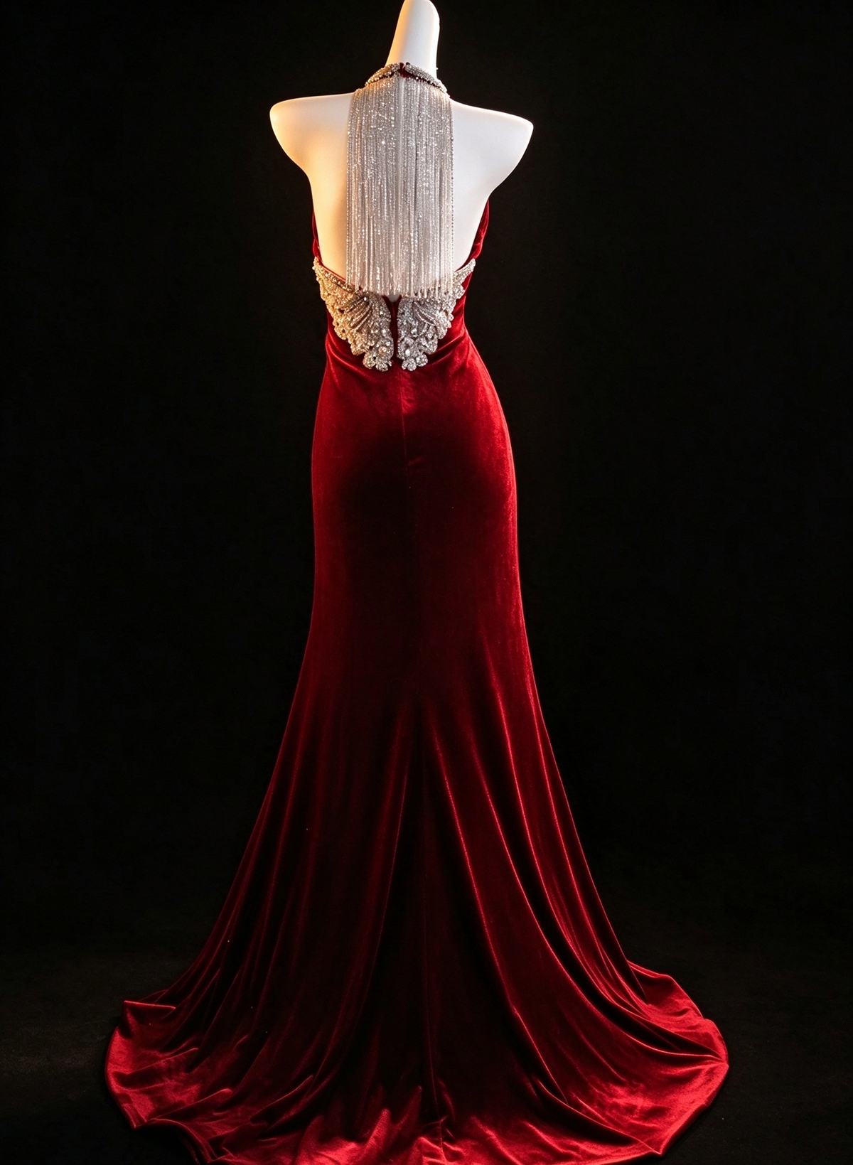Red Velvet Halter Neck Open Back Beaded Mermaid Evening Dress fg9046