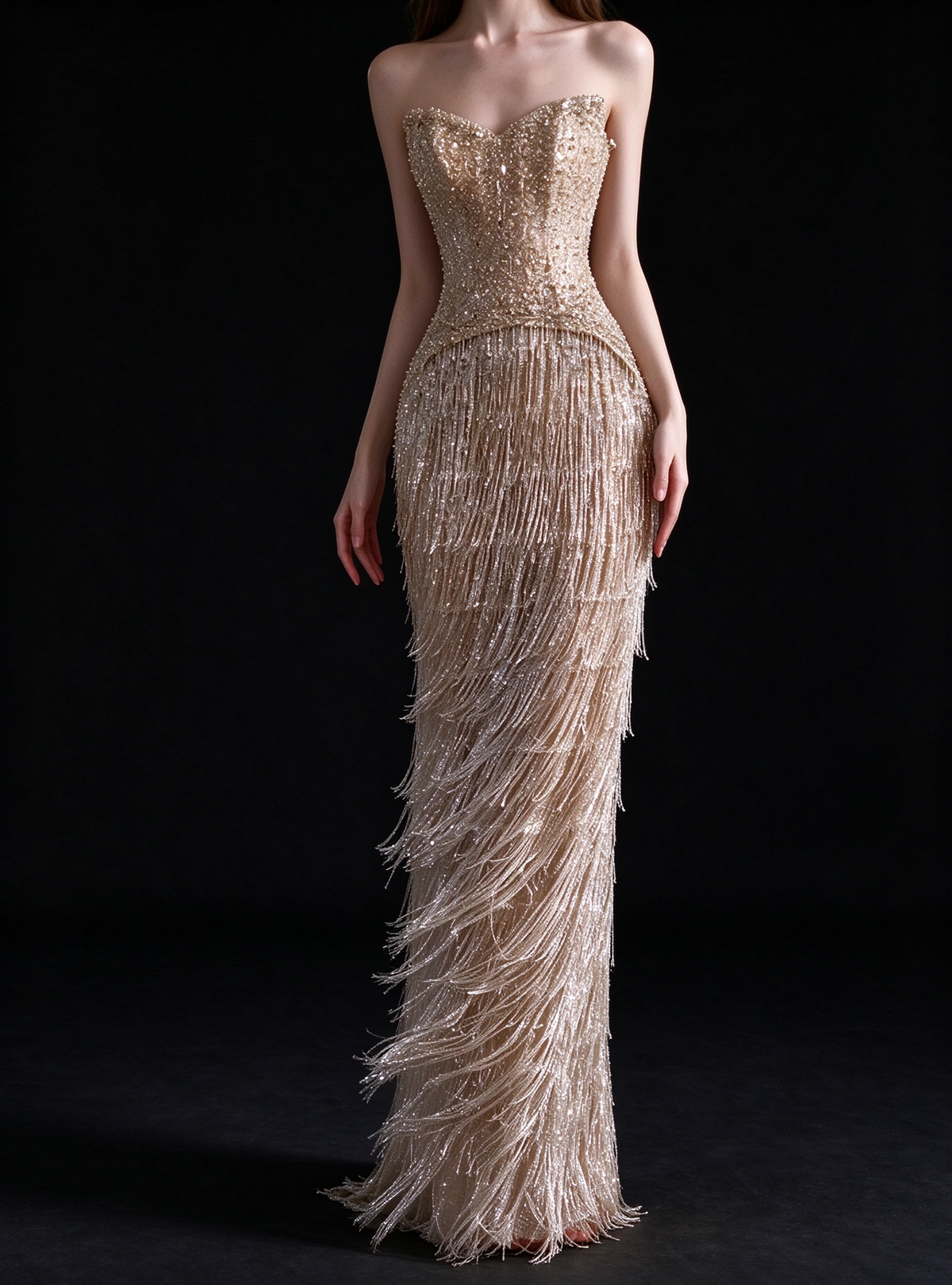 Champagne Strapless Beaded Fringe Mermaid Evening Gown fg9102