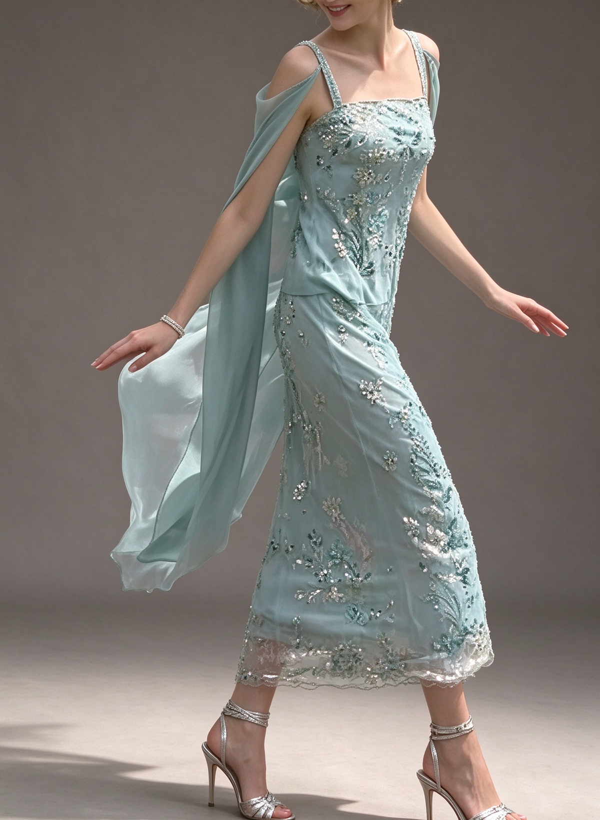 Mint Spaghetti Strap Beaded Cape Sleeve Mermaid Evening Gown fg9089