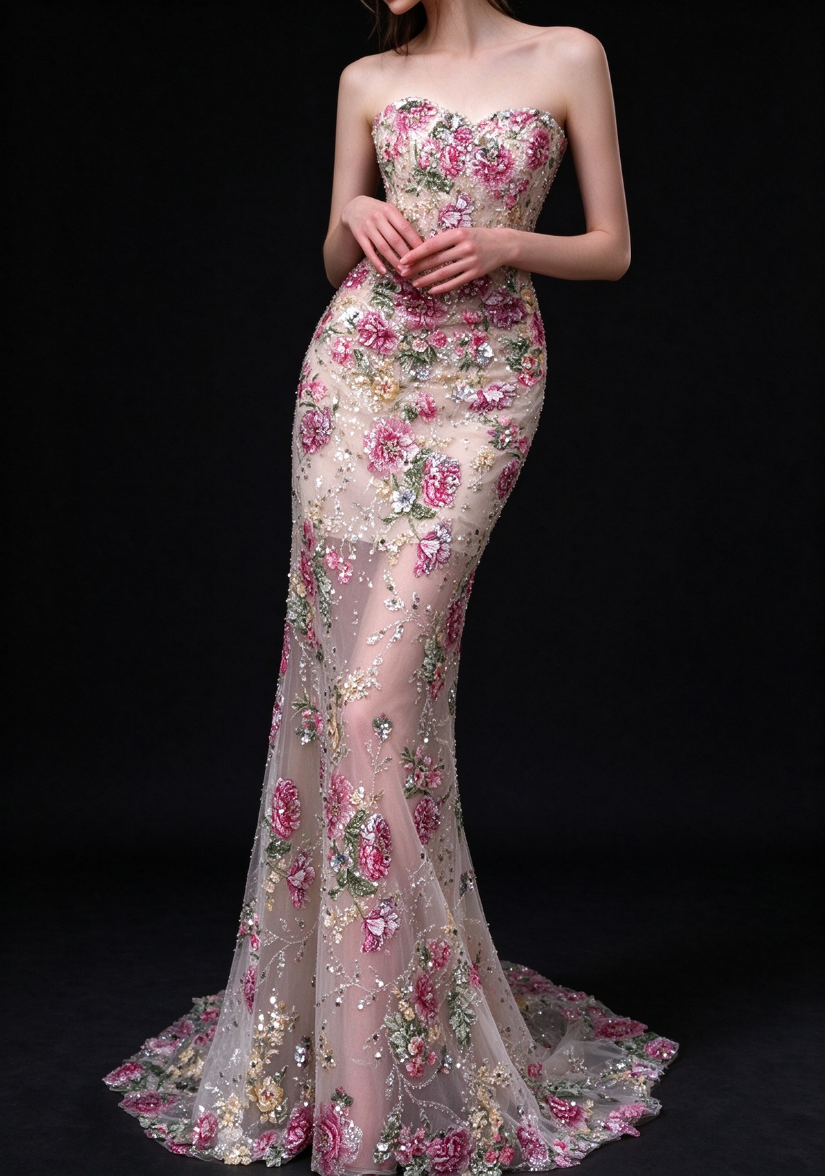 Blush Strapless Floral Beaded Mermaid Evening Dress fg9153