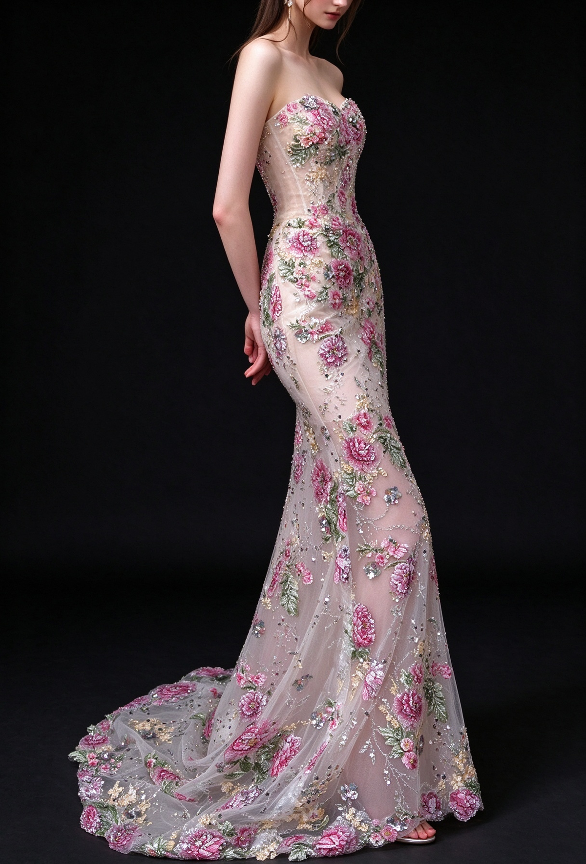 Blush Strapless Floral Beaded Mermaid Evening Dress fg9153