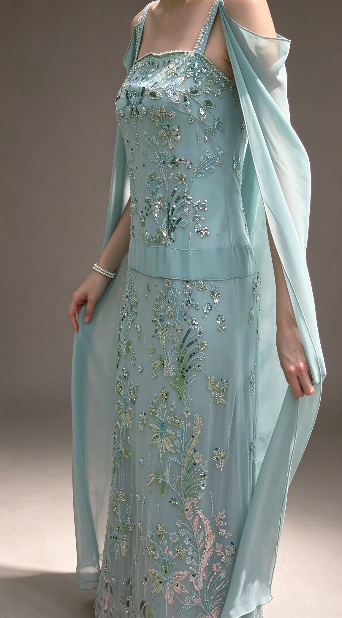 Mint Spaghetti Strap Beaded Cape Sleeve Mermaid Evening Gown fg9089