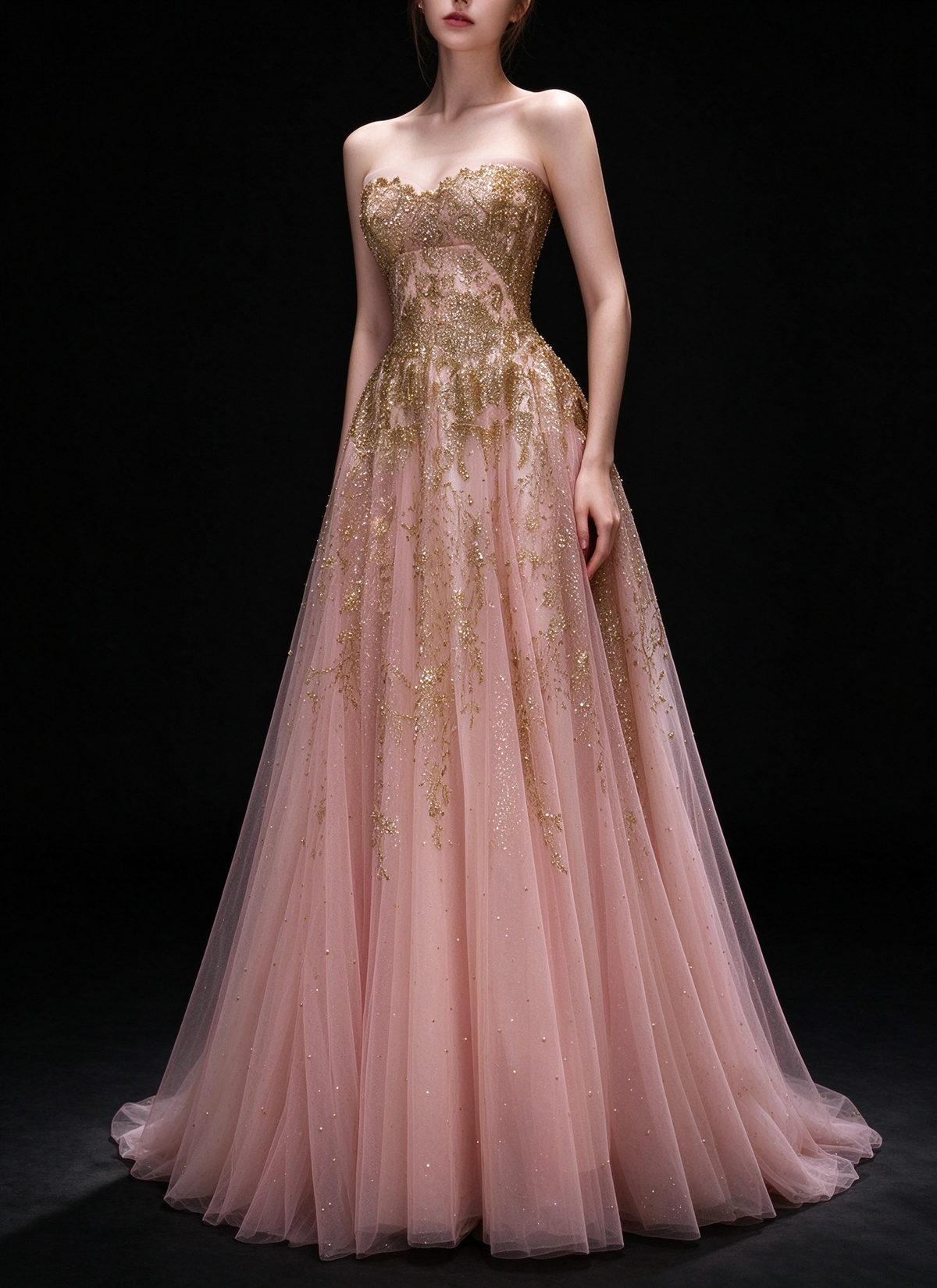 Blush Strapless Gold Glitter Tulle A Line Evening Gown fg9105