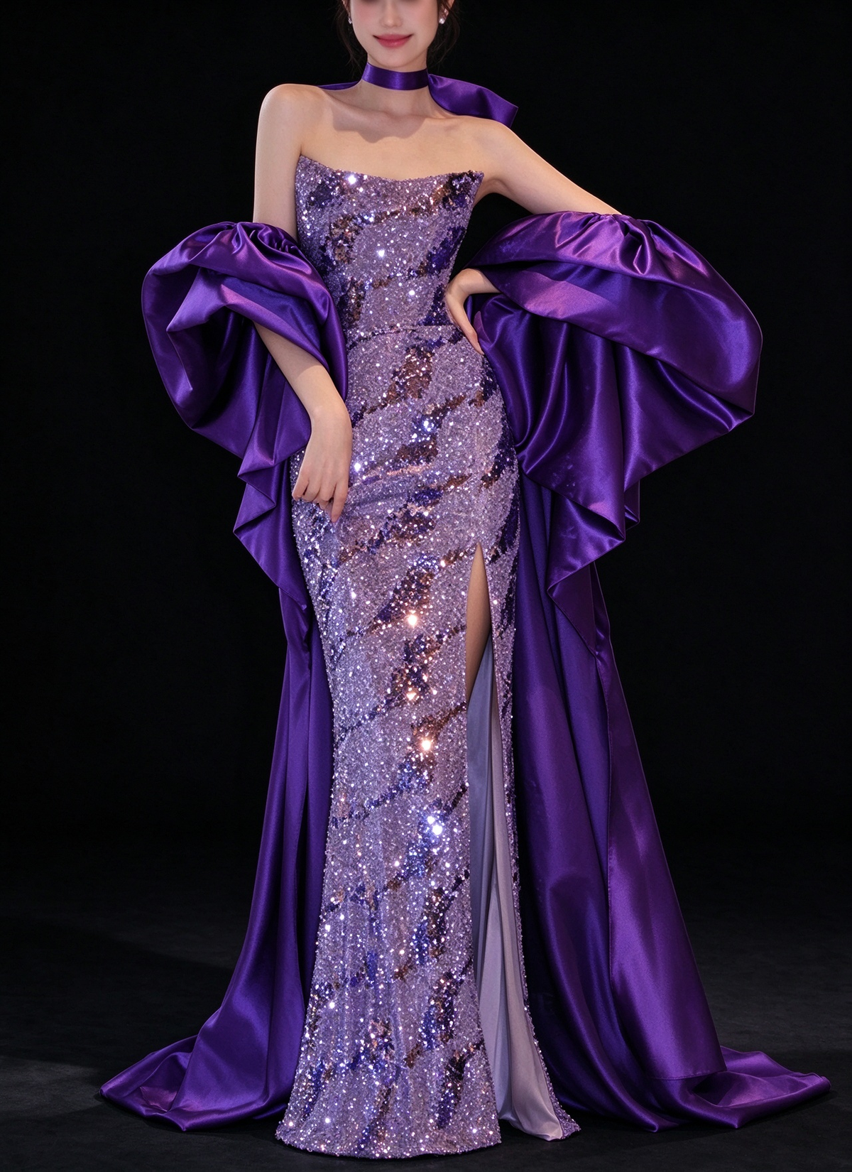 Purple Strapless Sequin Mermaid Evening Dress With Satin Puff Sleeves fg9155